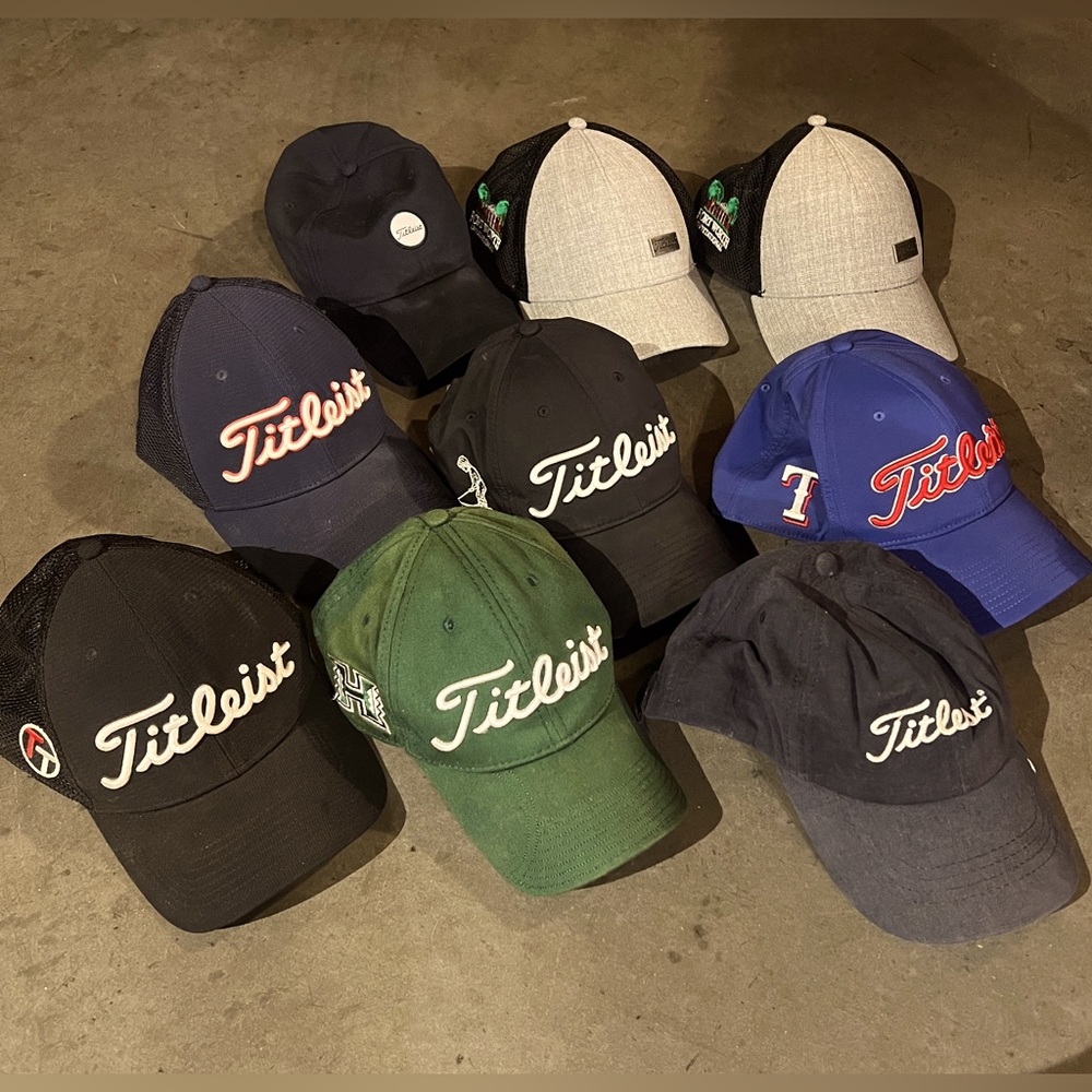 Titleist Hat Lot (9x) including Texas Rangers, Hawaii, Pinehurst, Team Titleist